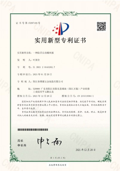 专利 一种防歪自攻螺丝披